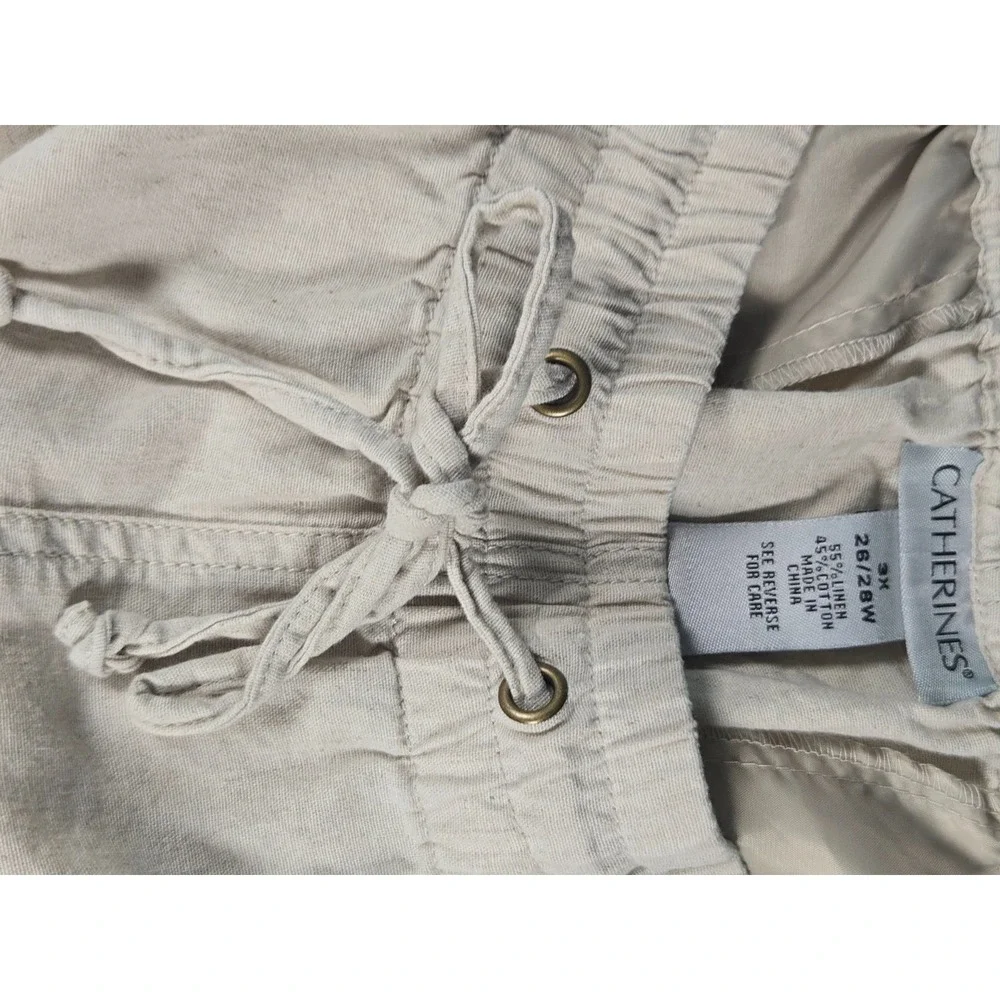 Catherines Womens 3X 26/28W Linen Blend Crop Pants Beige Pull On‎ Elastic Waist